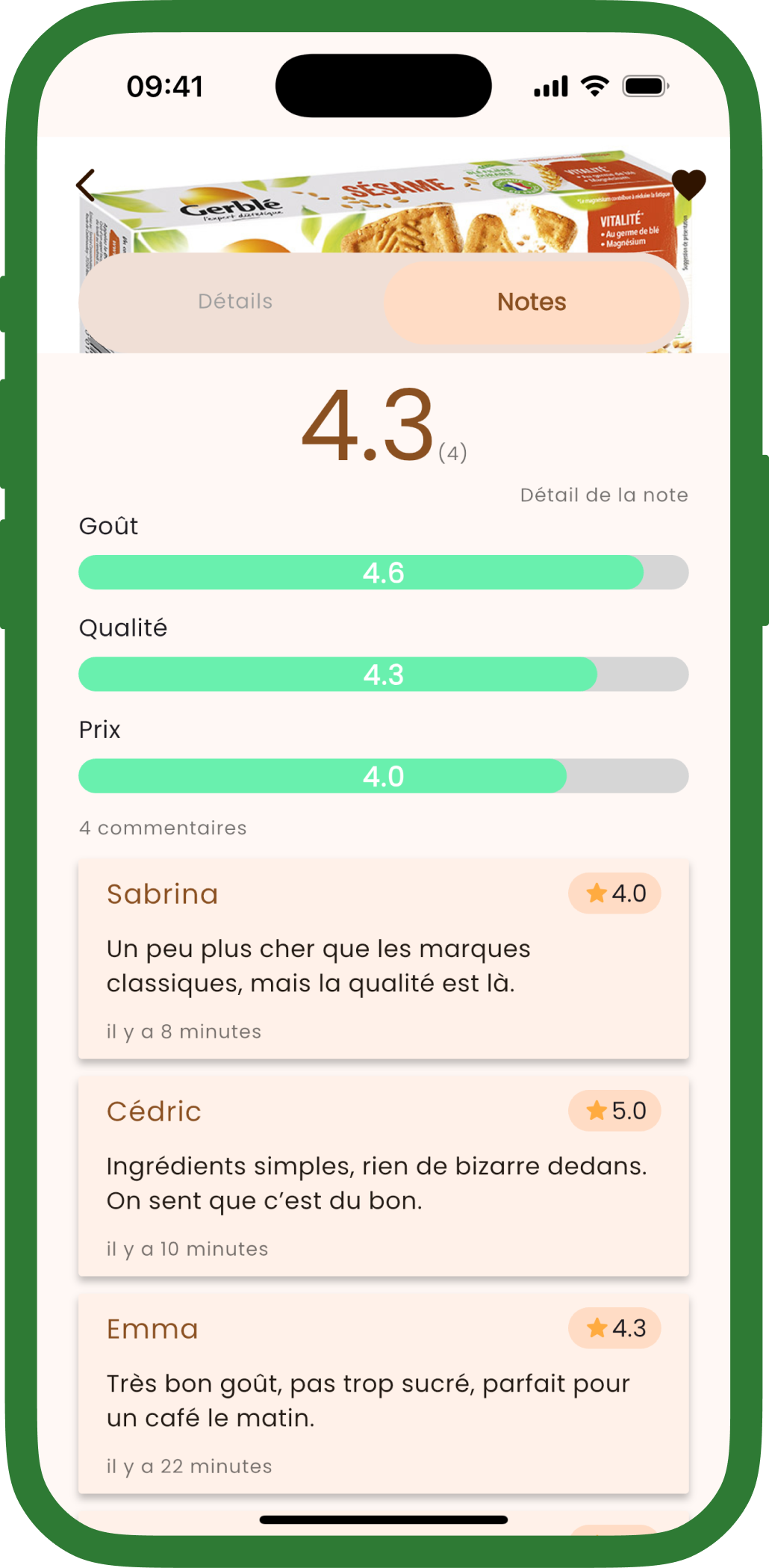 Écran de comparaison de produits